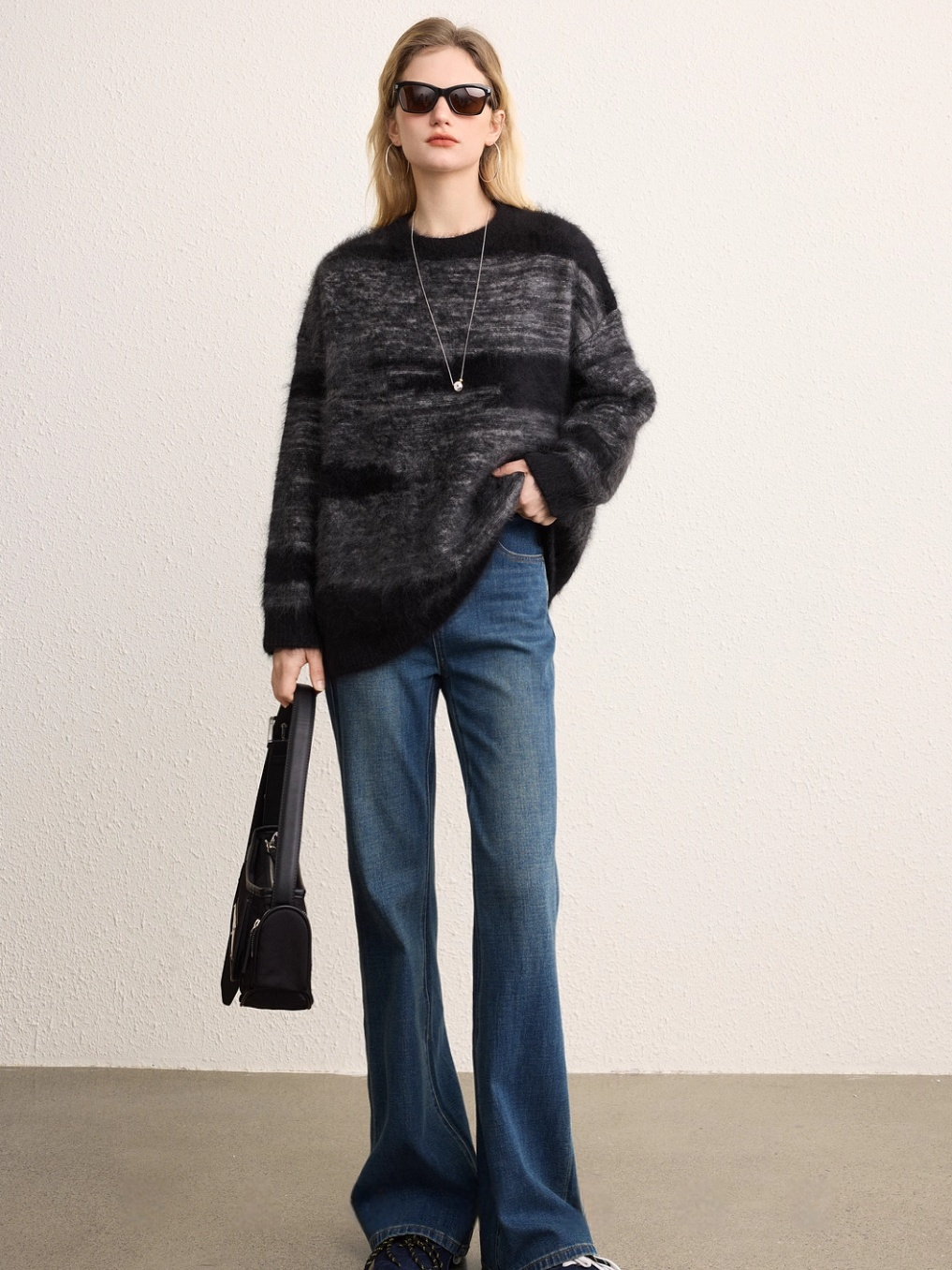 Gradient Two-Tone Brushed Knit Sweater for Women | Wool-Cashmere Blend Textured Jacquard Pullover