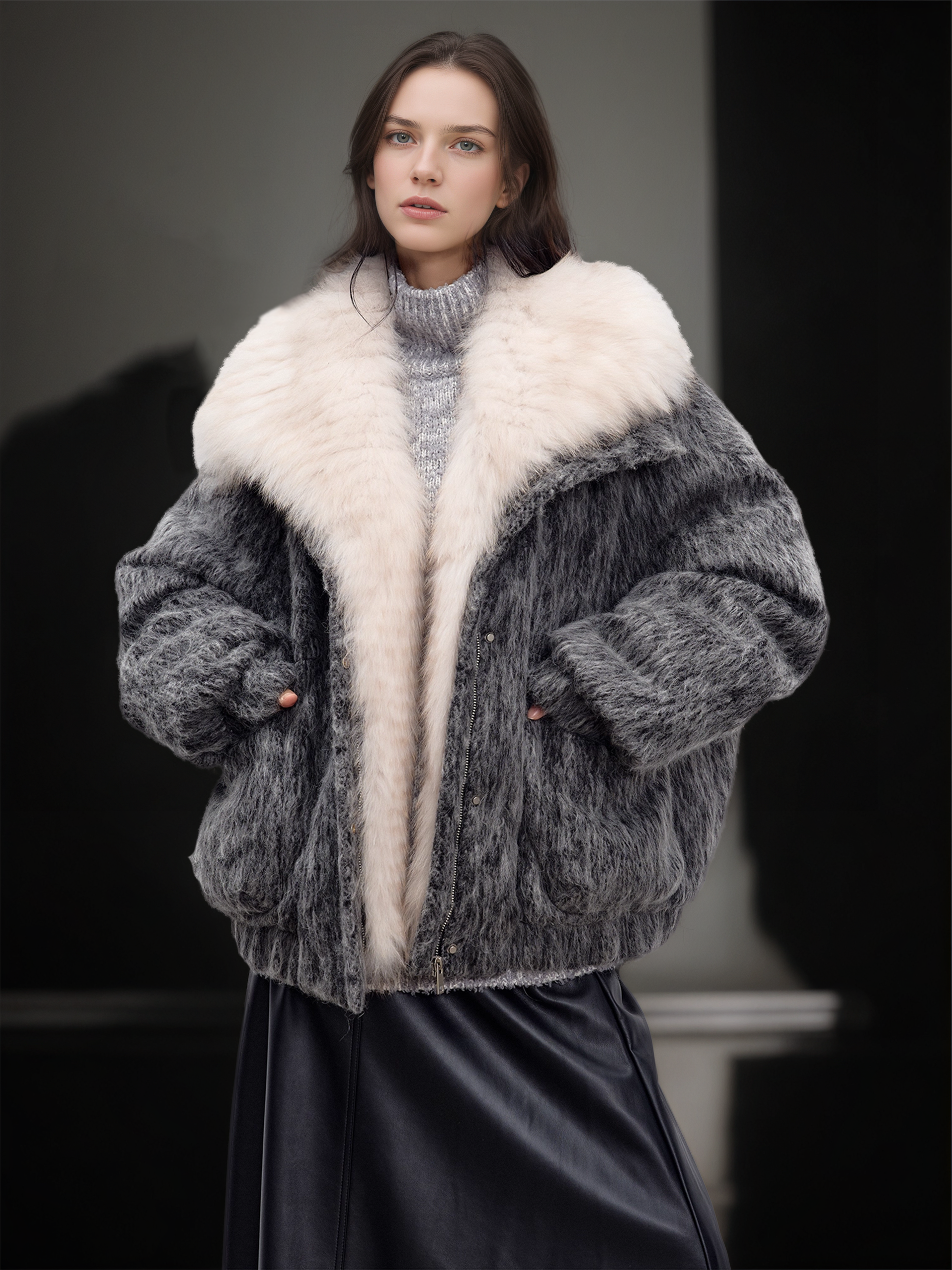 Women’s Wool-Blend Down Coat with  Fox Fur Collar | 90% White Goose Down Winter Jacket
