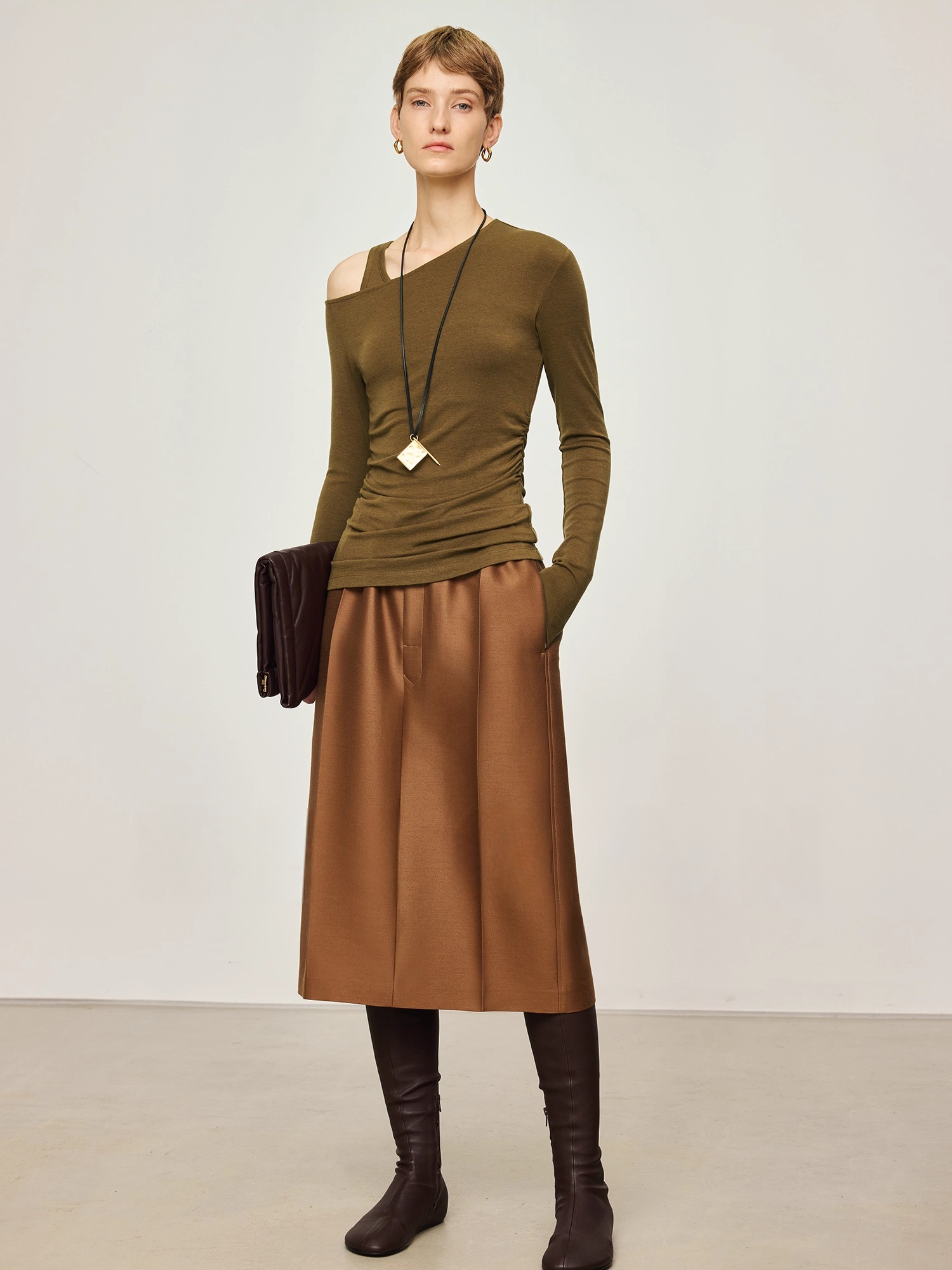 45mm Heavyweight Silk-Wool Luxe Skirt | Minimalist Straight Midi Skirt with Elastic Waist & Button Placket