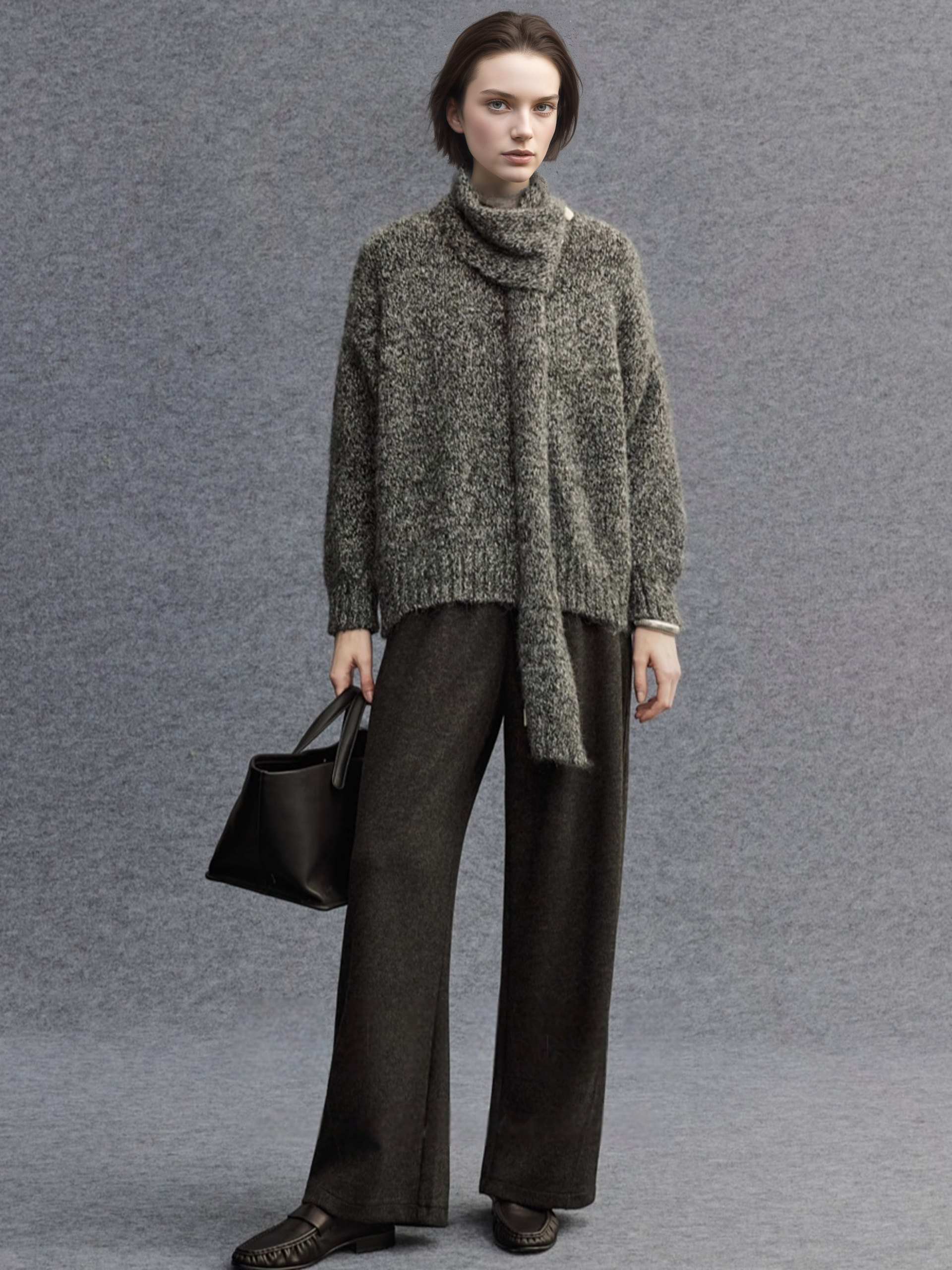 Textured Mélange Knit Sweater with Detachable Scarf | Relaxed H-Silhouette Drop-Shoulder V-Neck Pullover for Women