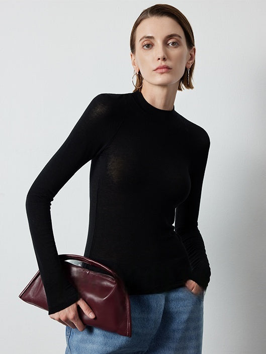 Slim-Fit Seamless Merino Wool Knit | Semi-High Neck Base Layer for Women | Autumn Winter Essential
