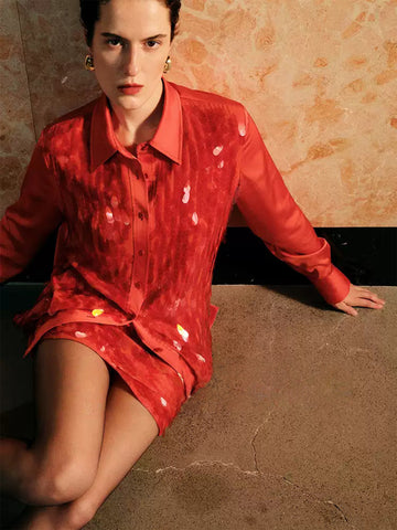 Red Christmas Party Satin Shirt with Teardrop Sequin Embellishments