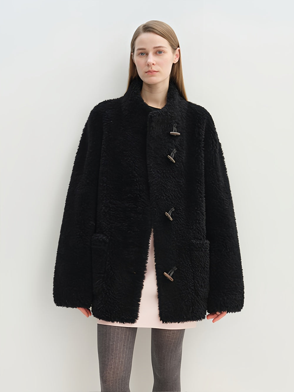 Stand-Collar Textured 100% Wool Shearling Coat for Women — Mid-Length Faux Sheepskin Outerwear