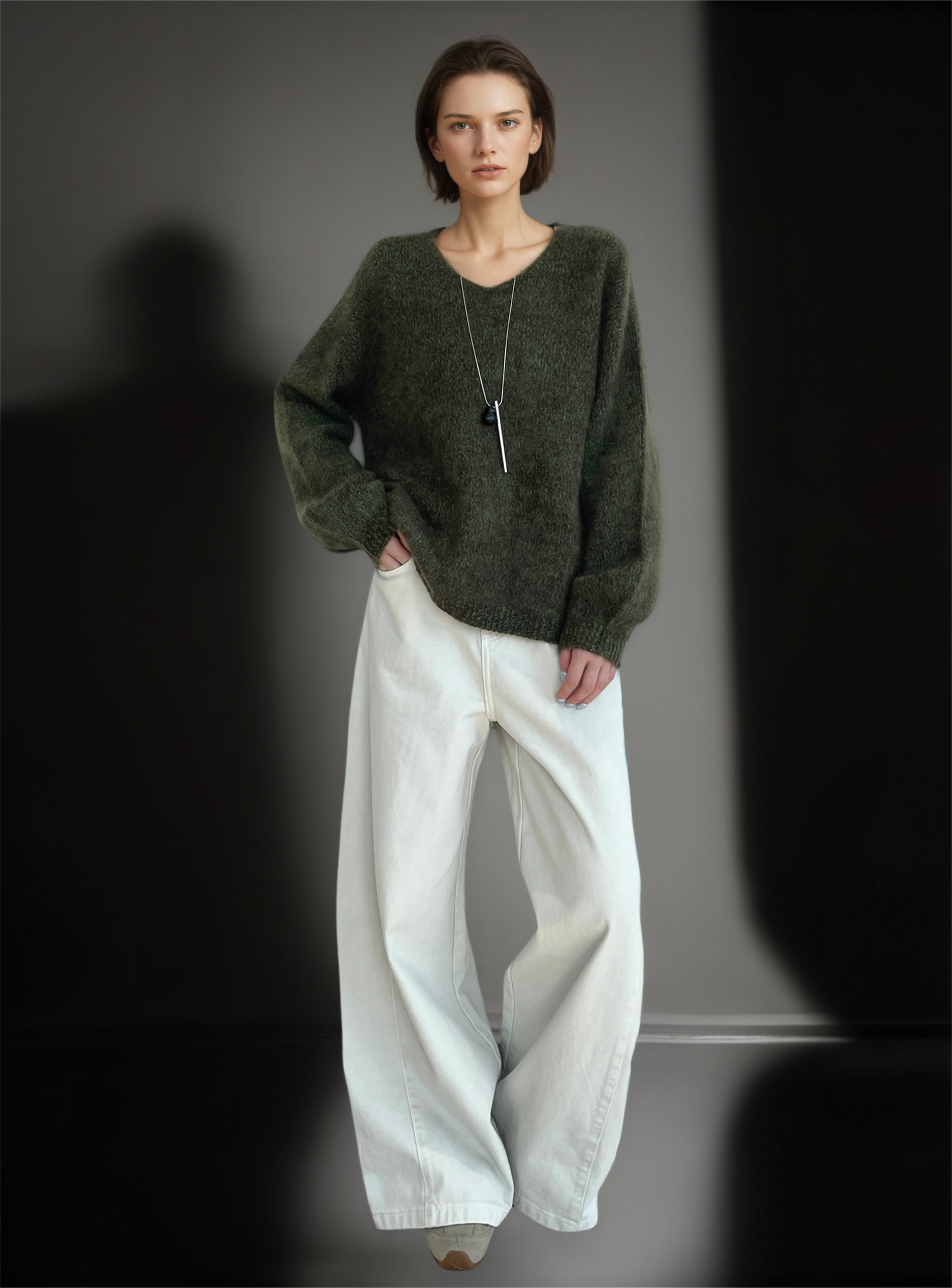 Women’s 100% Wool Brushed Knit Sweater | Seamless Two-Tone V-Neck Pullover with Soft Fuzzy Texture