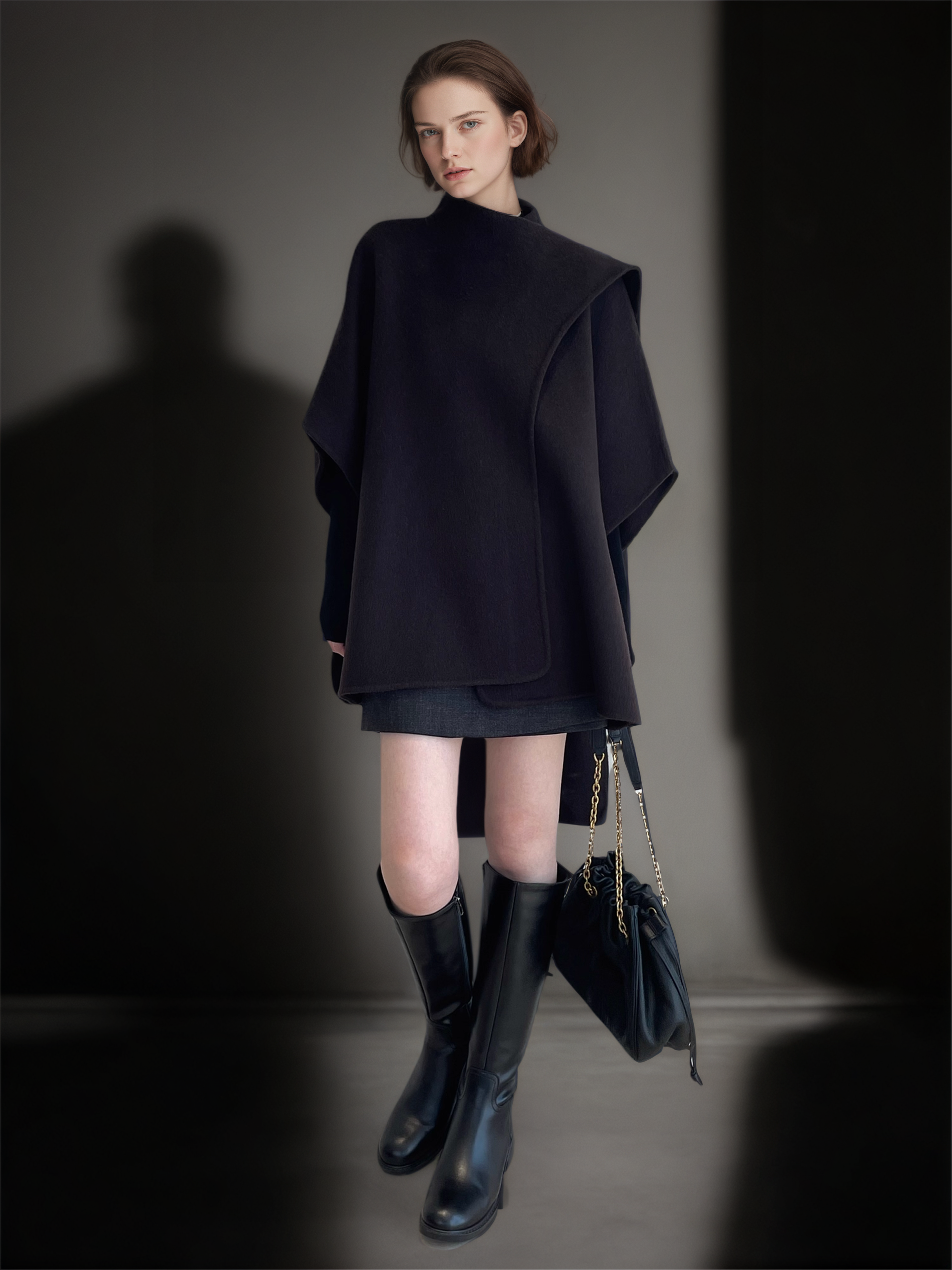 Tencel Wool Double-Faced Shawl Cape Coat for Women | Asymmetric Art-Inspired Deconstructed Design