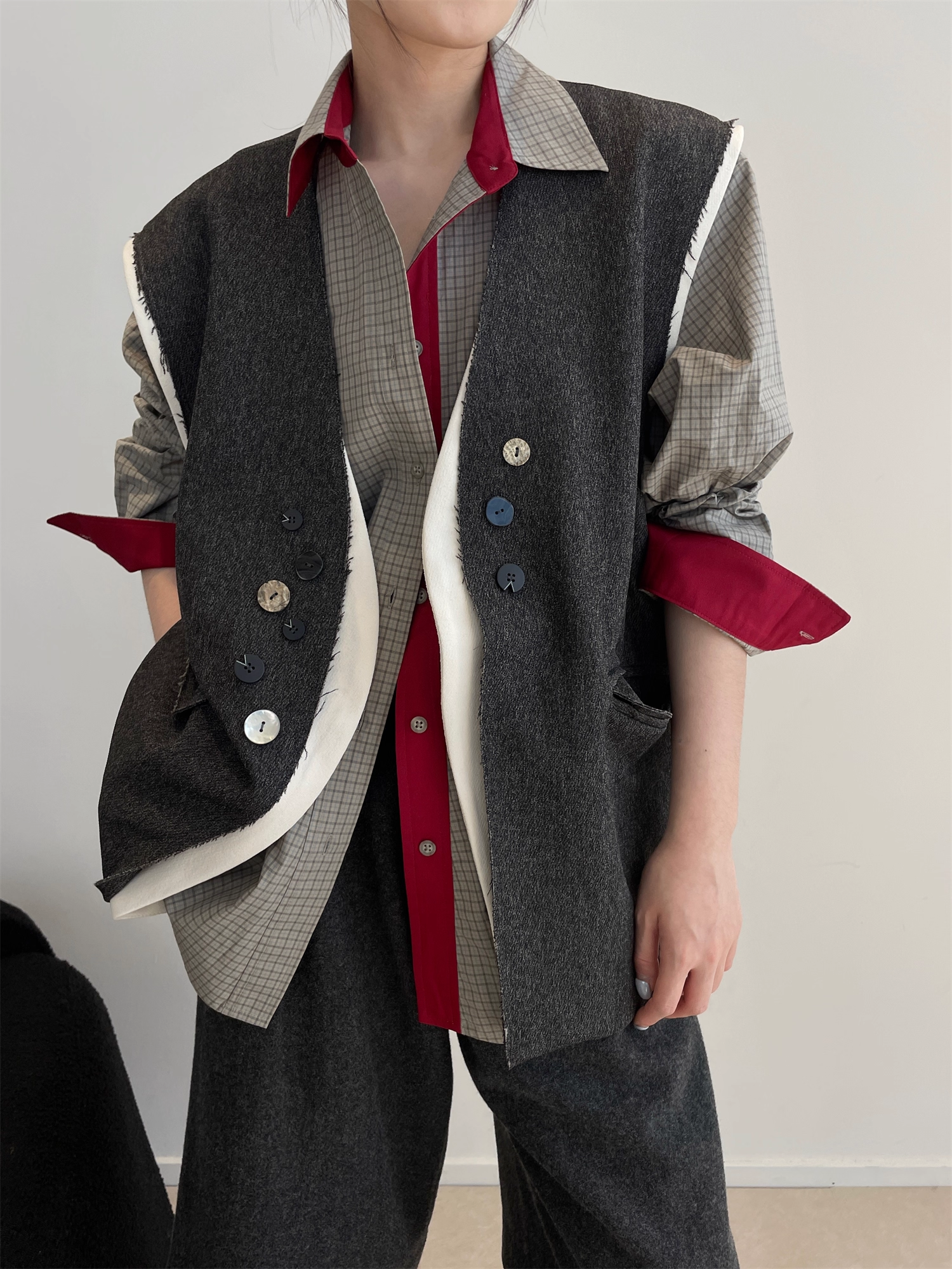 Two-Piece Style Blazer Vest for Women | Contrast Stitching Multi-Button Sleeveless Waistcoat