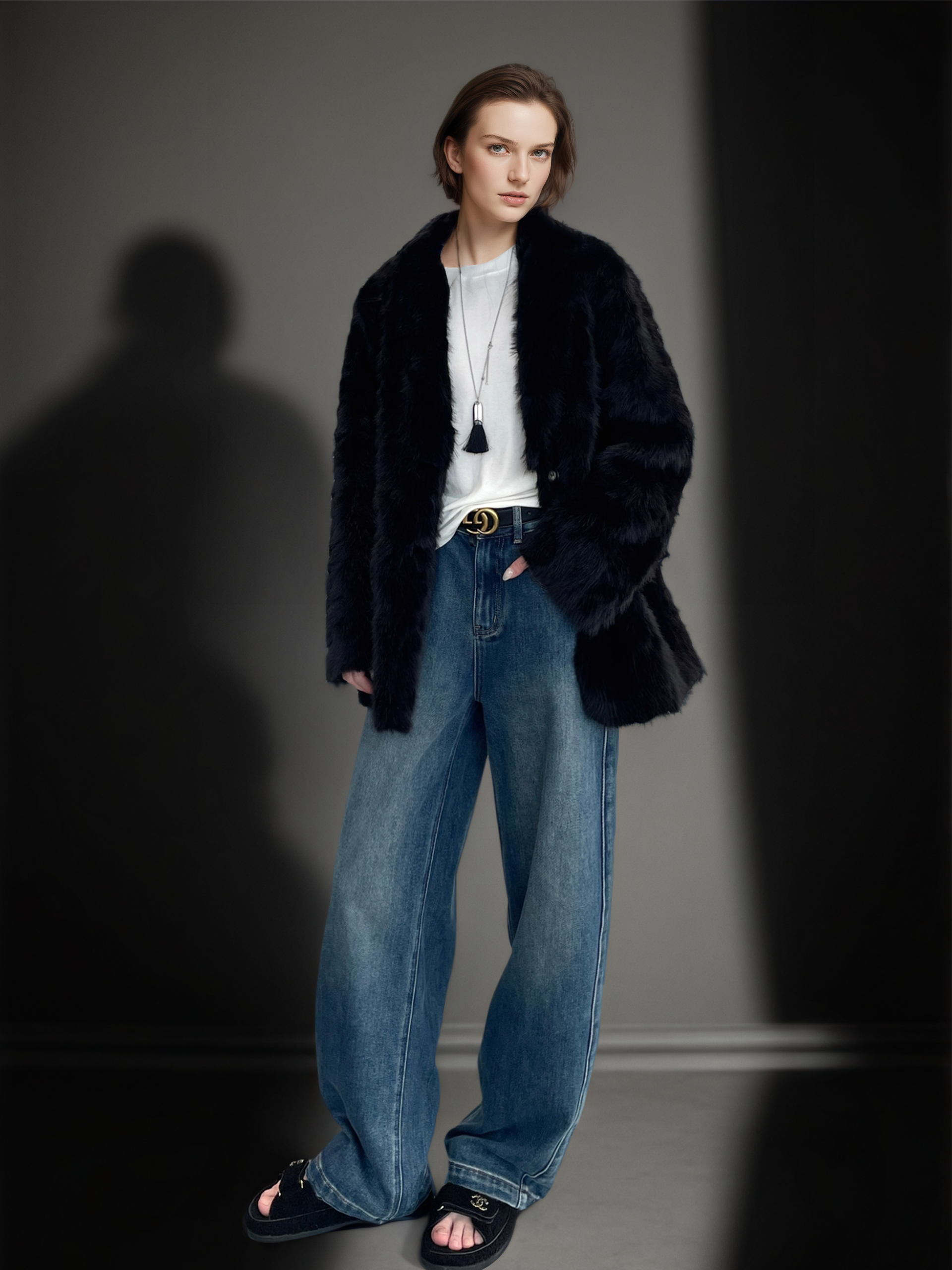 Women’s Faux Shearling Blazer Coat with V-Neck | Chic Bouclé Style Eco Fur Jacket for Winter
