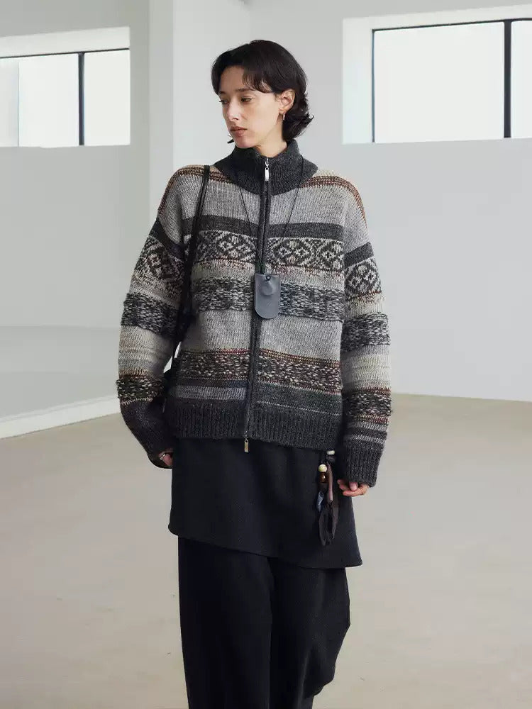 Fair Isle Geometric Knit Vintage High-Neck Sweater Jacket – Double Zipper Stand-Collar Knit for Fall/Winter