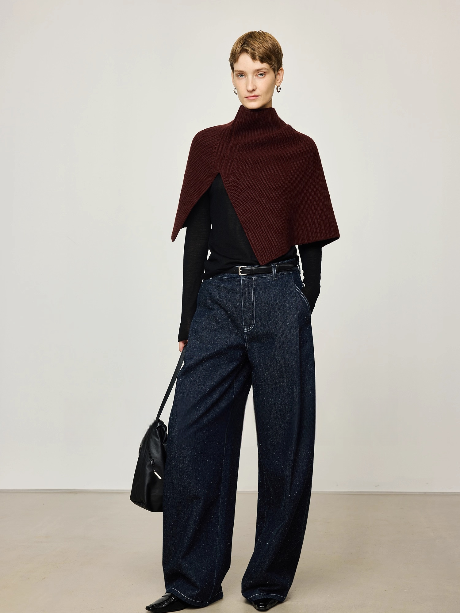 Italian Wool-Cashmere Turtleneck Split Knit Shawl Scarf | Multi-Style Wrap Accessory