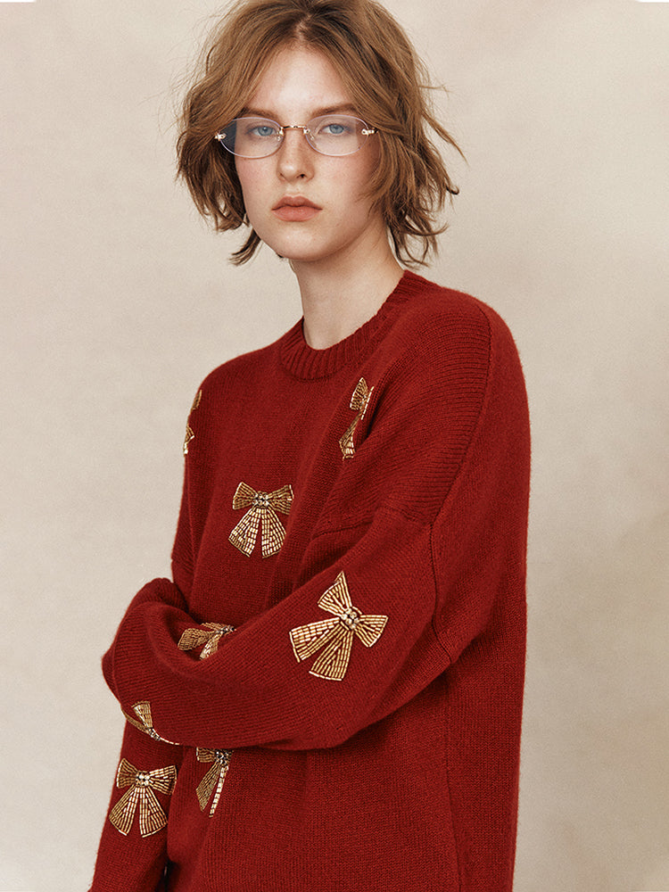 Christmas Collection Beaded Wool Sweater for Women – 100% Merino Wool Crewneck with Bow Detail
