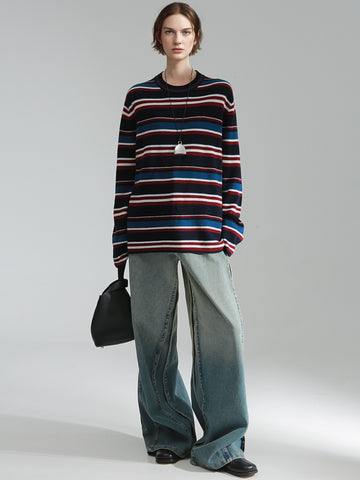 Wide Stripe Wool Knit Sweater for Women – Soft and Cozy Round Neck Pullover for Autumn/Winter