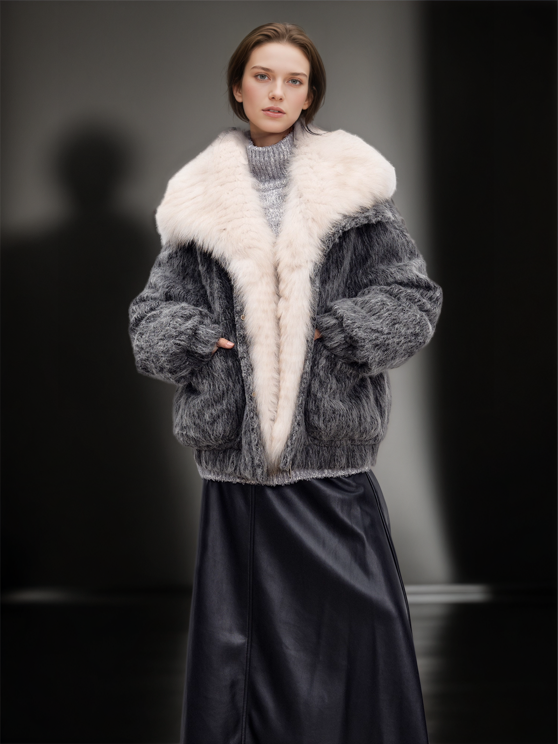 Women’s Wool-Blend Down Coat with  Fox Fur Collar | 90% White Goose Down Winter Jacket