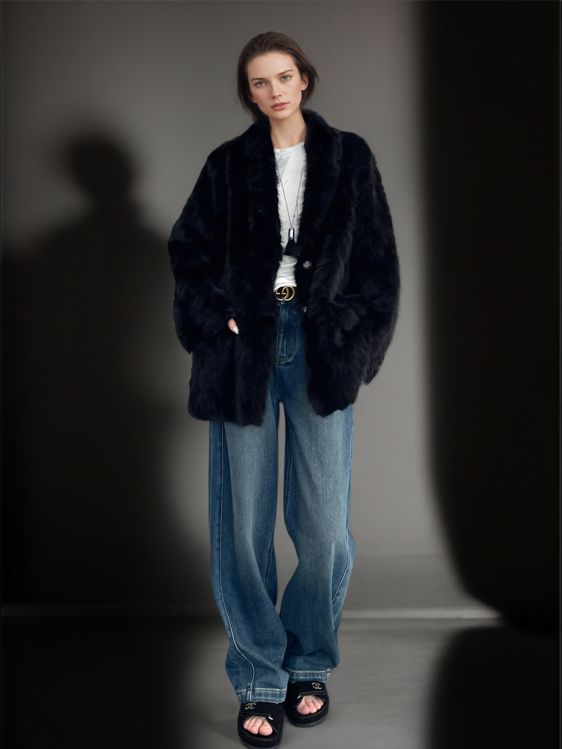 Women’s Faux Shearling Blazer Coat with V-Neck | Chic Bouclé Style Eco Fur Jacket for Winter