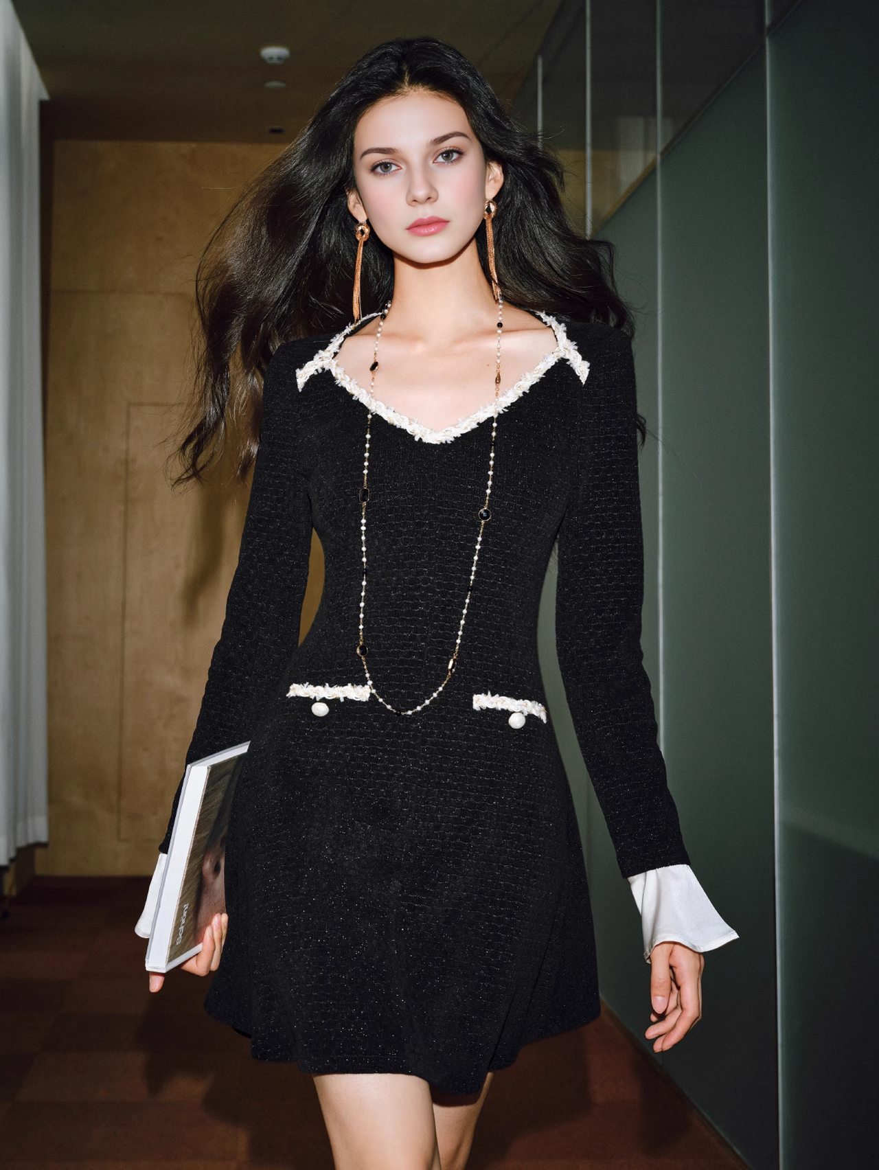 Heavyweight Silver-Thread Bouclé Dress with Custom Ribbon – Tweed-Style Fitted Waist A-Line Dress for Women