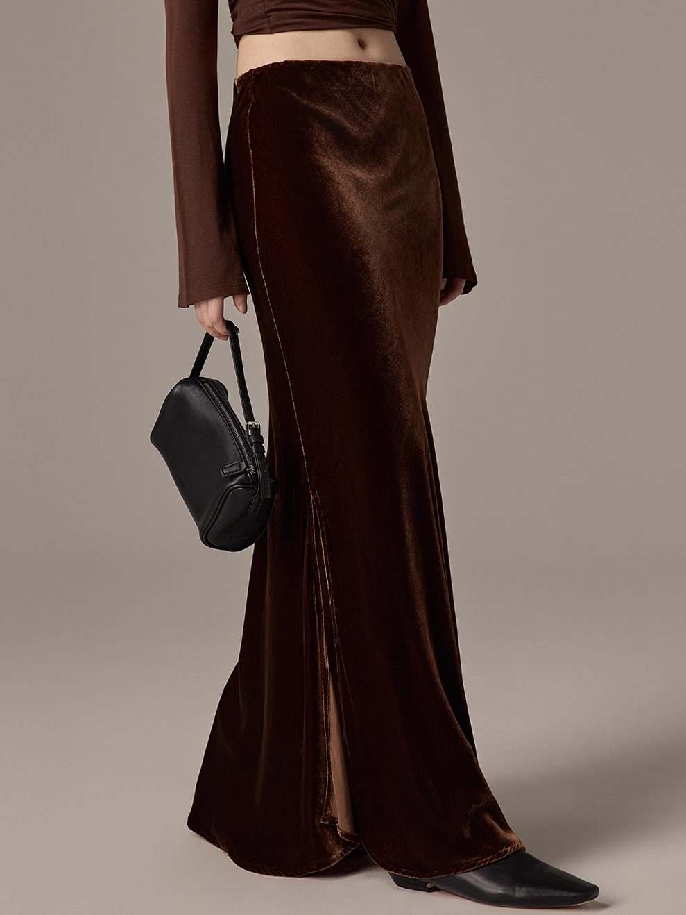 100% Silk Velvet Midi Skirt – French Vintage Slimming Mermaid Skirt with Side Slit