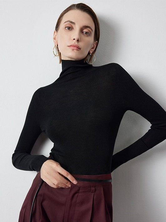 Slim-Fit Seamless Merino Wool Knit | Semi-High Neck Base Layer for Women | Autumn Winter Essential