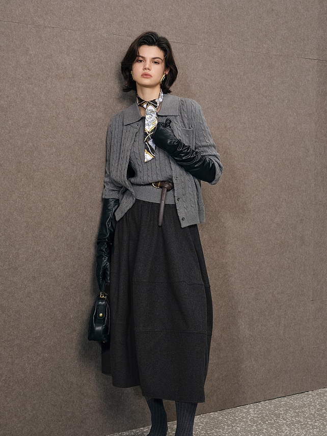 Hepburn-Style Heavy Wool Structured A-Line Midi Skirt for Women with Elastic Waist