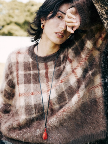 470g Thick Plaid Brushed Cashmere Sweater – Slimming, Wide-Fit Cozy Knit Top