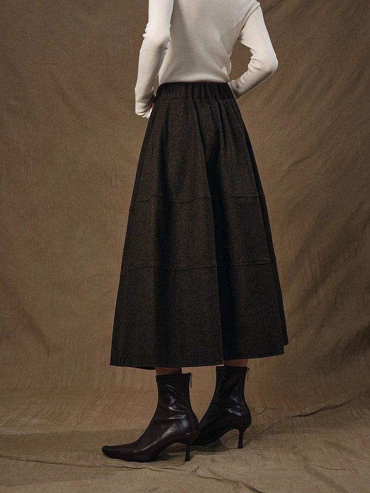 Hepburn-Style Heavy Wool Structured A-Line Midi Skirt for Women with Elastic Waist