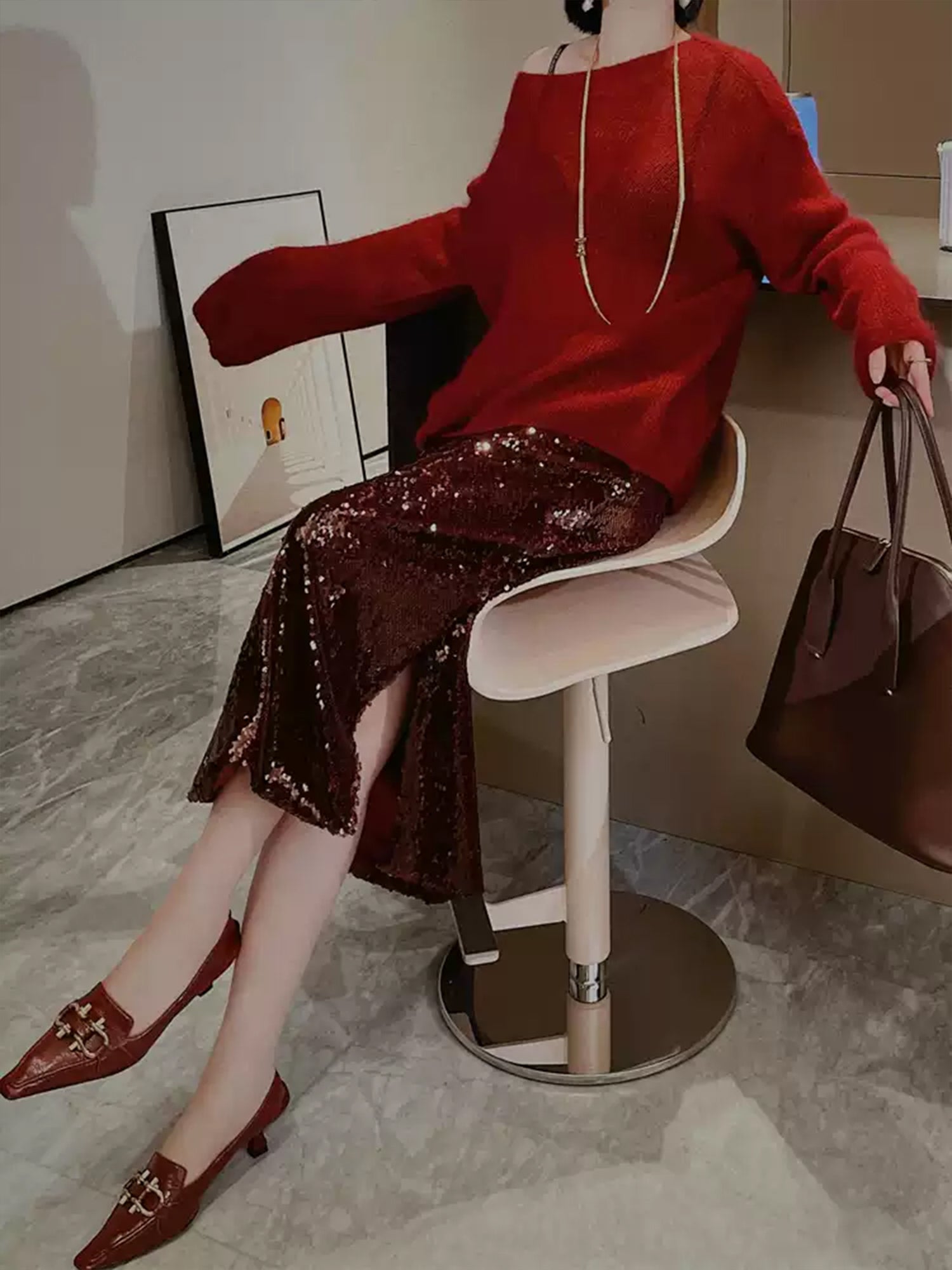 Christmas Party High-Waisted Sequin Pencil Skirt – Slim-Fit Midi Skirt with Side Slit