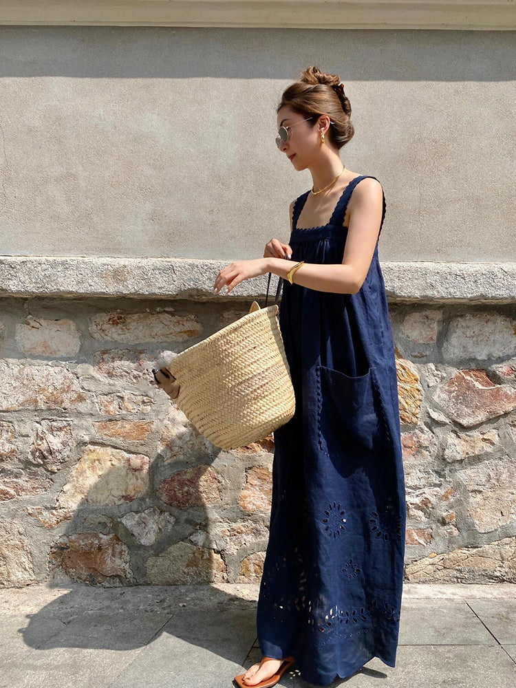 Navy Blue Spaghetti Strap Long Dress for Women – Summer Beach Vacation Style, Hollow Embroidered, High-End Sexy Look