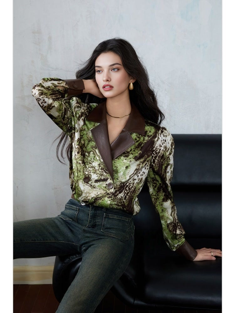 Satin Print & Eco Leather Spliced Double-Breasted Shirt – Floral Long Sleeve with Notched Lapel