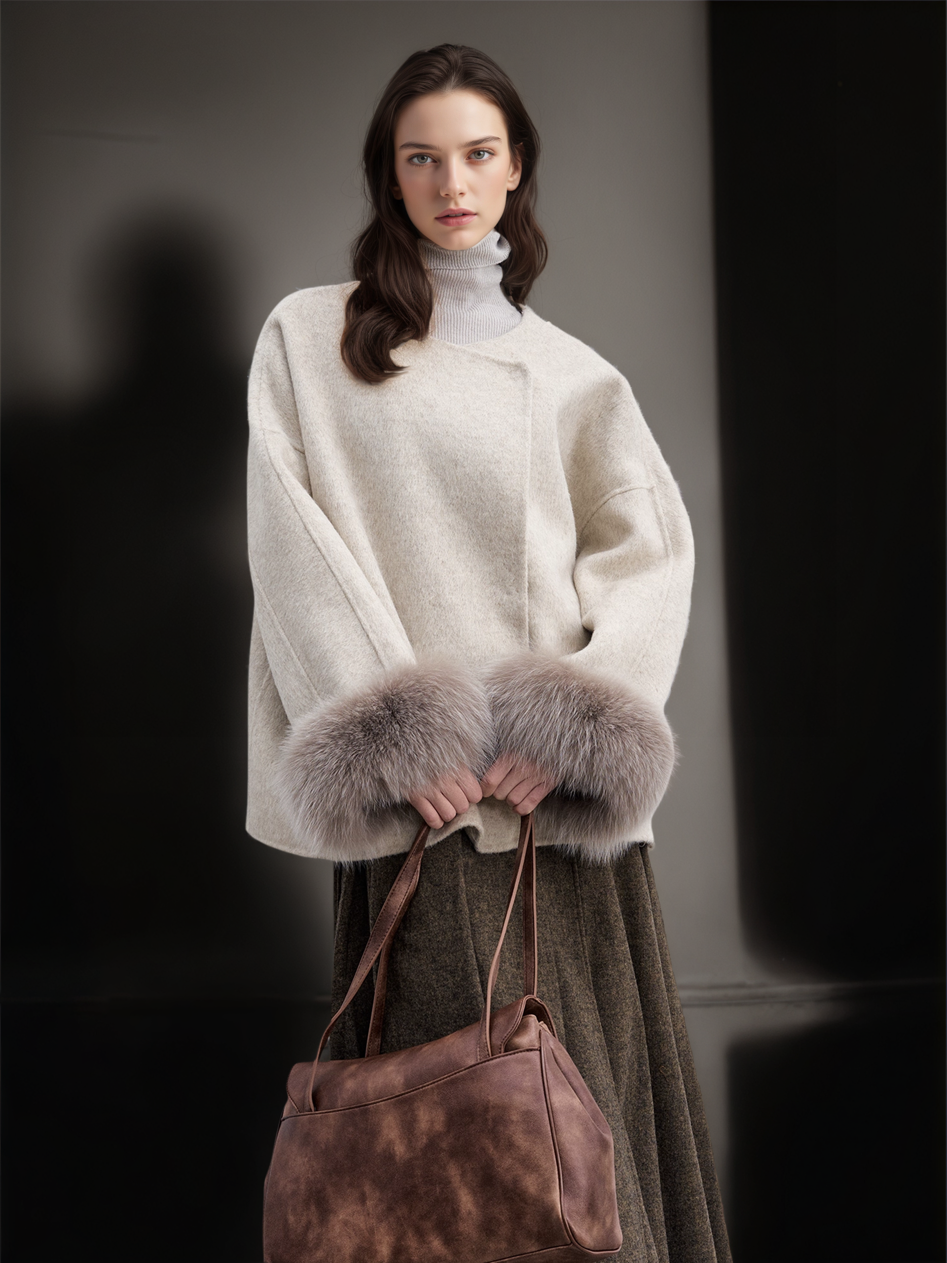 Women’s Short Double-Faced Wool Coat with  Fox Fur Cuffs | Loose Fit Alpaca Blend Jacket