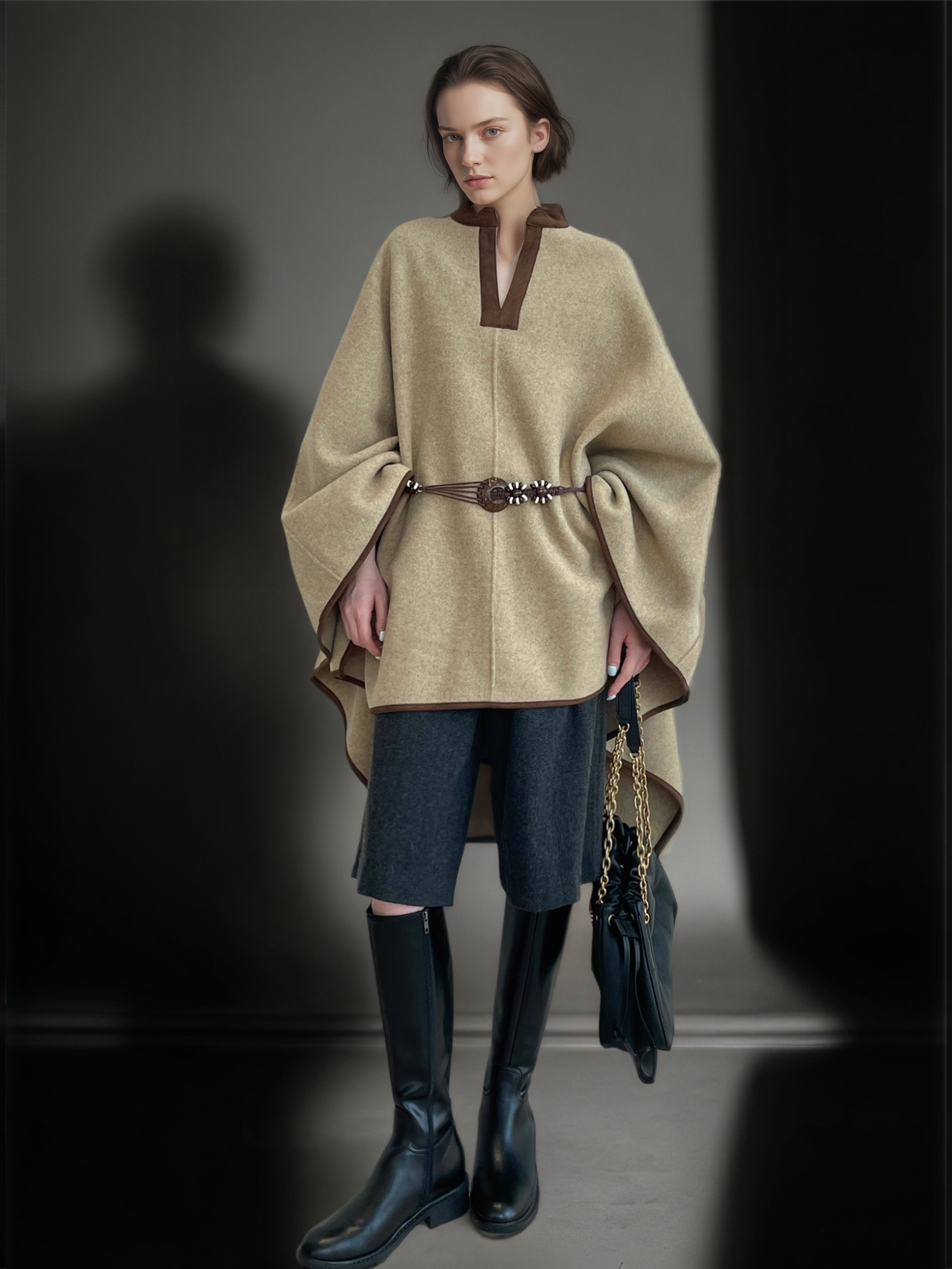 Women’s Minimalist Shearling Patchwork Cape Coat | Premium Merino Wool & Suede Blend Outerwear