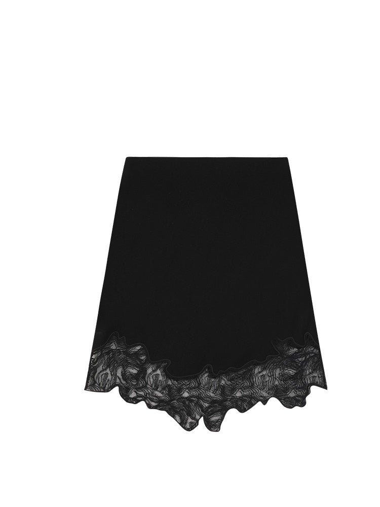 Black Wool Pencil Skirt – Tailored High-End Wool Skirt with Lace Detailing for Commuter Elegance