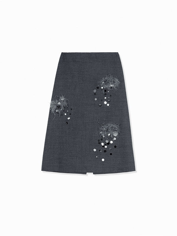 Hand-Beaded Wool A-Line Midi Skirt with Rare Imported Turkey Feathers | Luxury One-Piece Design