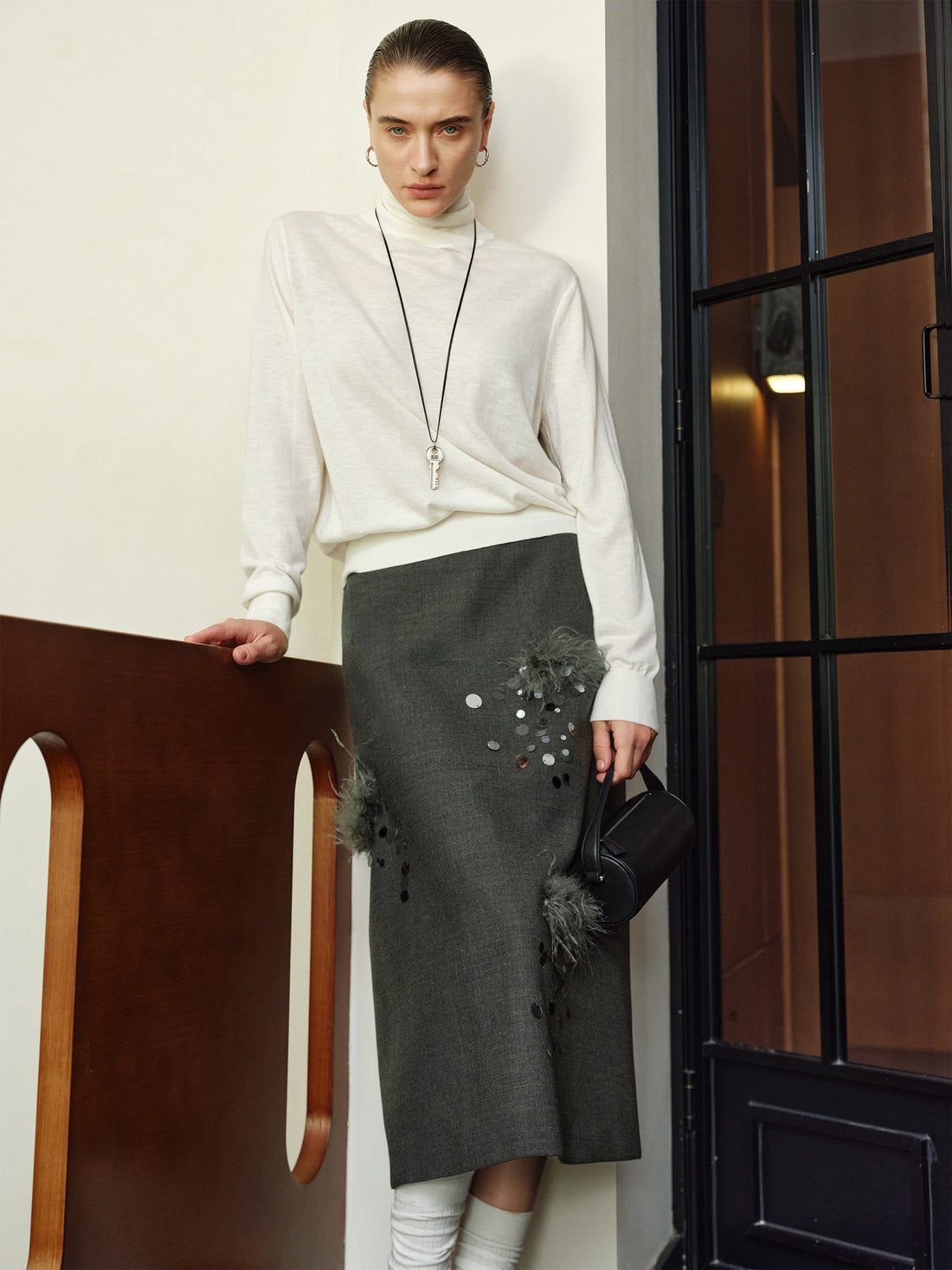 Hand-Beaded Wool A-Line Midi Skirt with Rare Imported Turkey Feathers | Luxury One-Piece Design