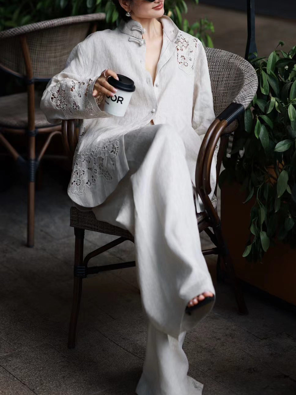 Premium Autumn Linen Set – Artisanal Hollow-Out Blouse & Wide-Leg Pants