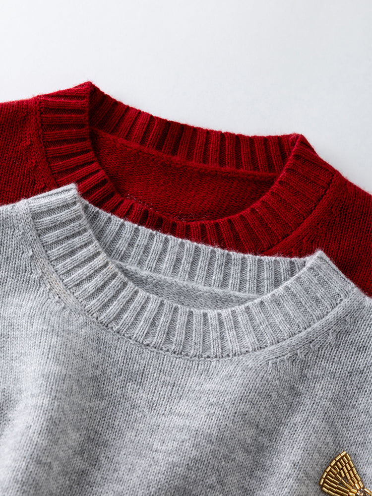 Christmas Collection Beaded Wool Sweater for Women – 100% Merino Wool Crewneck with Bow Detail