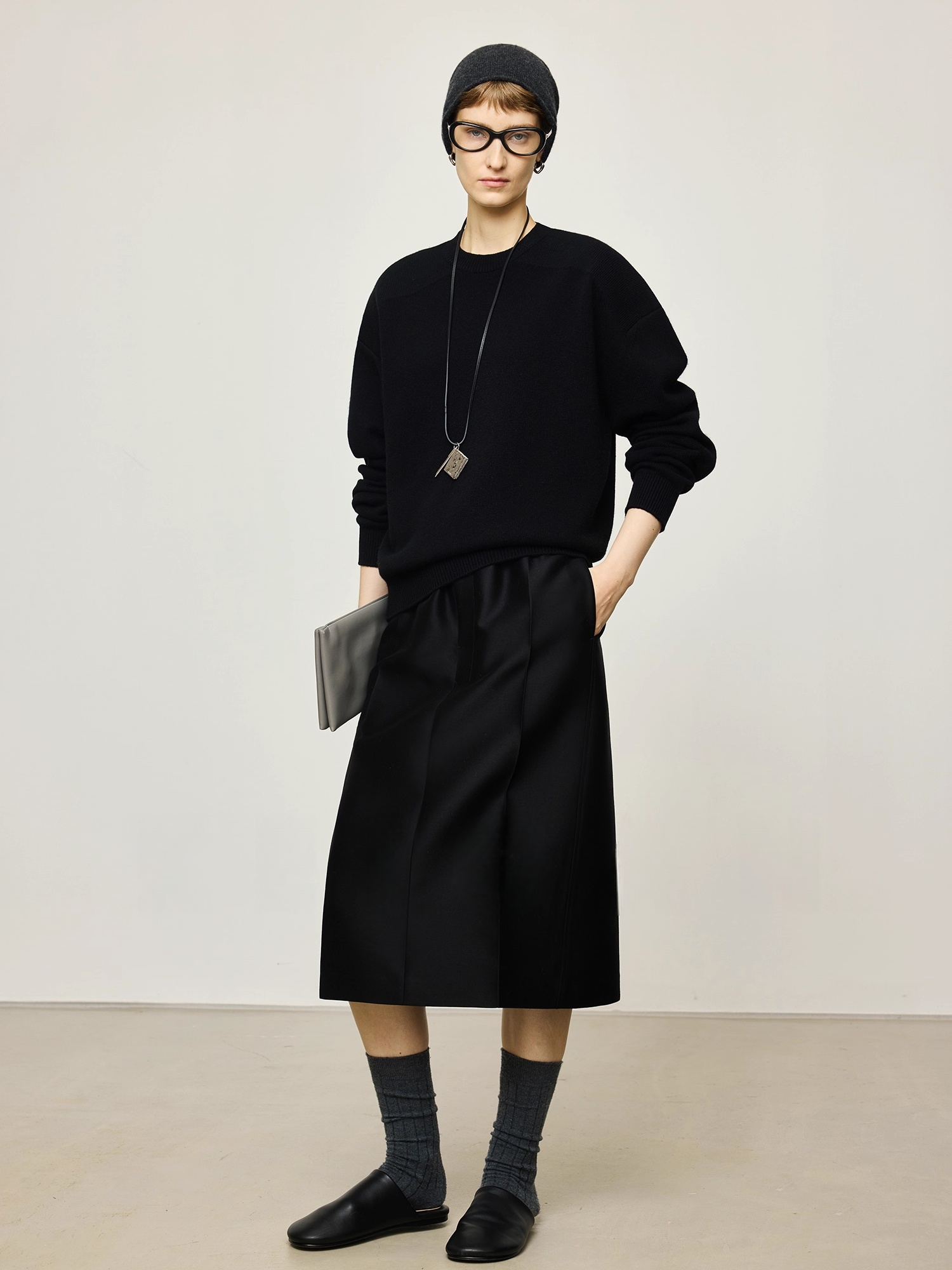 45mm Heavyweight Silk-Wool Luxe Skirt | Minimalist Straight Midi Skirt with Elastic Waist & Button Placket
