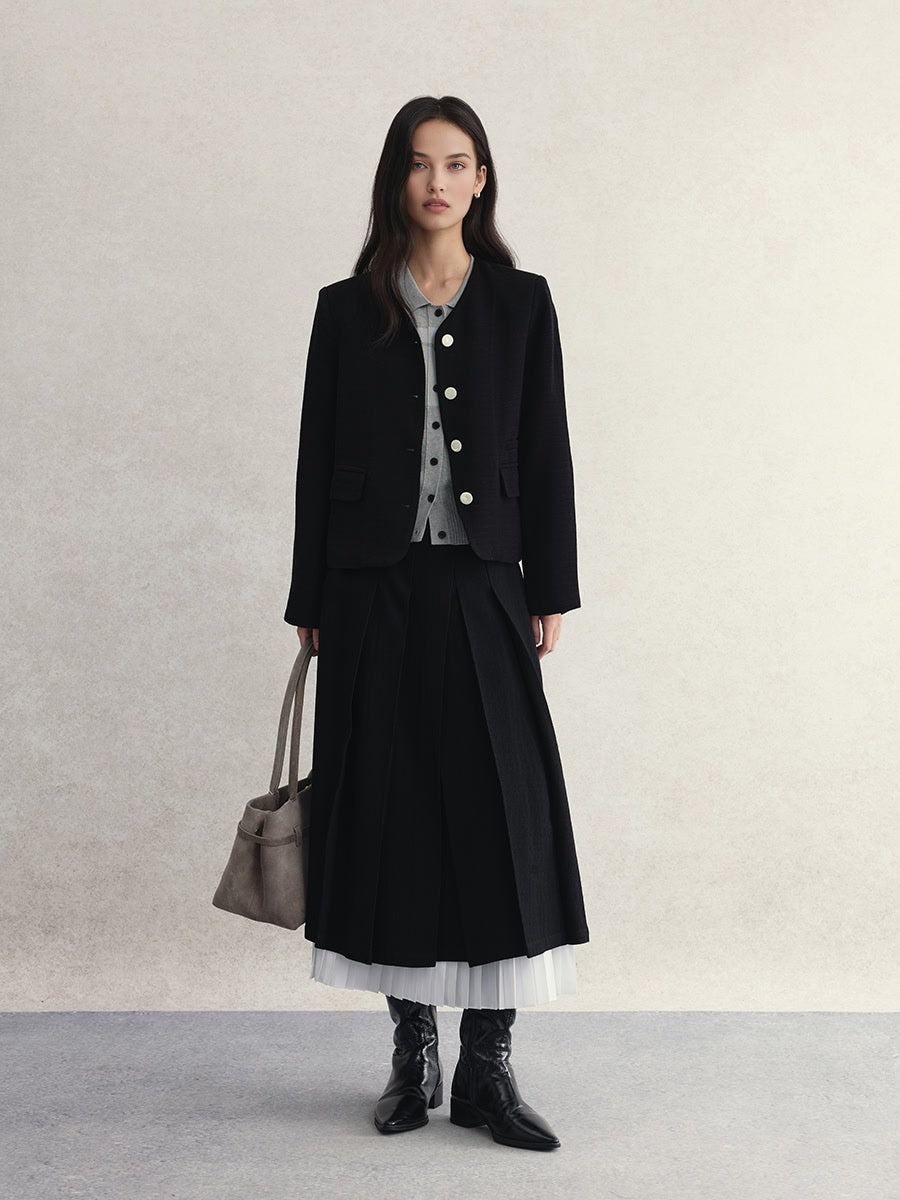 Preppy Style Black and White Piano Key Pleated A-Line Skirt | High-Waisted Accordion Pleated Midi Skirt