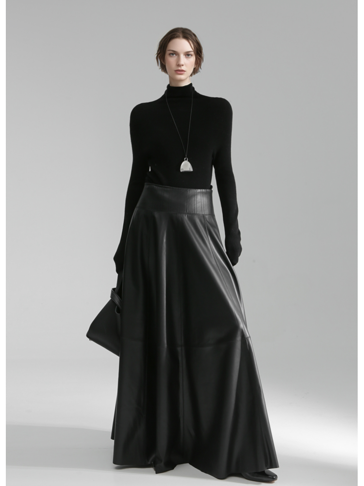 Luxury Black Genuine Sheepskin Midi Skirt – High Waist A-Line Leather Flared Skirt for Women