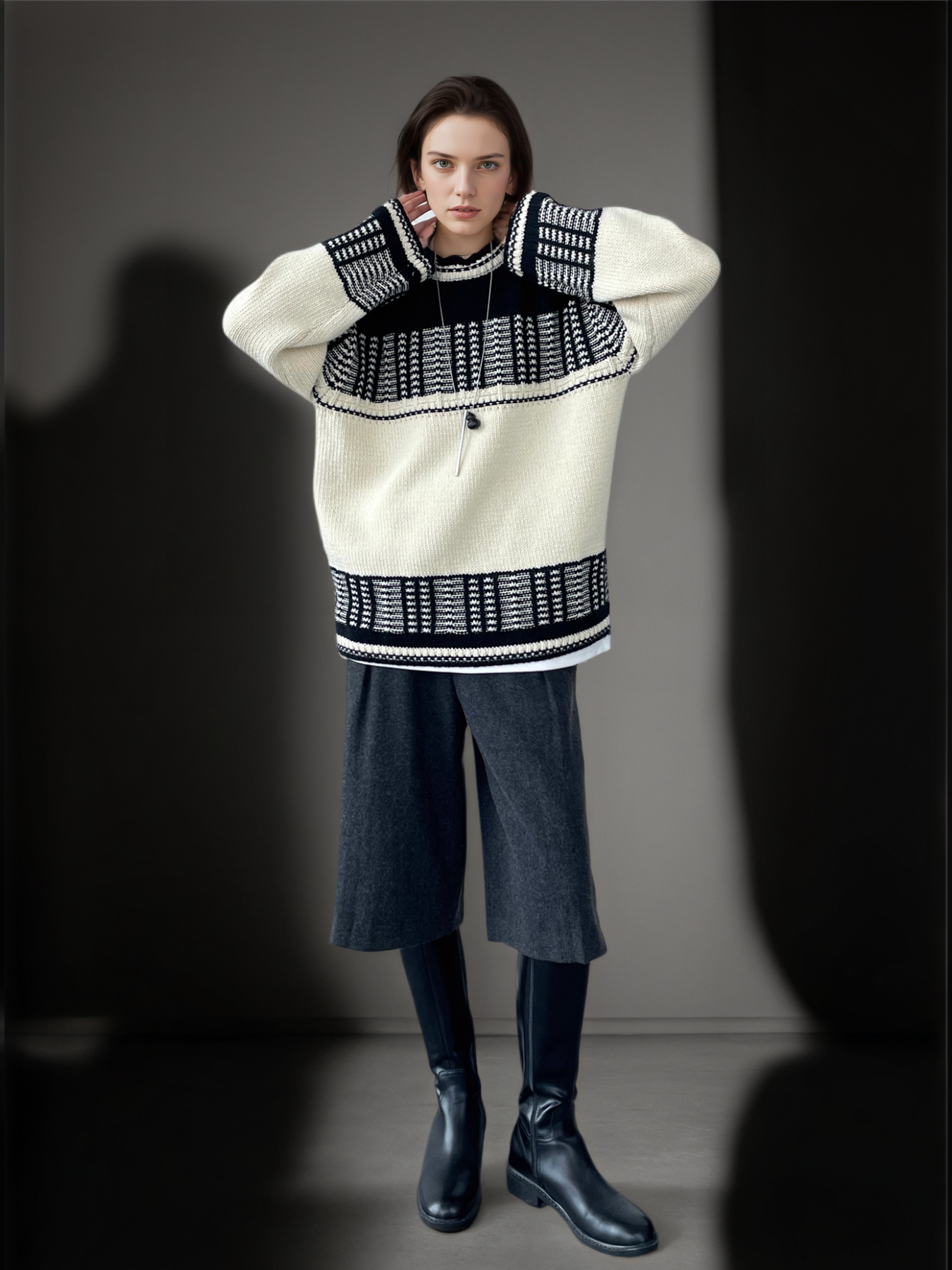 Women’s Mercerized Wool Fair Isle Knit Sweater | Color-Block Crew Neck Pullover