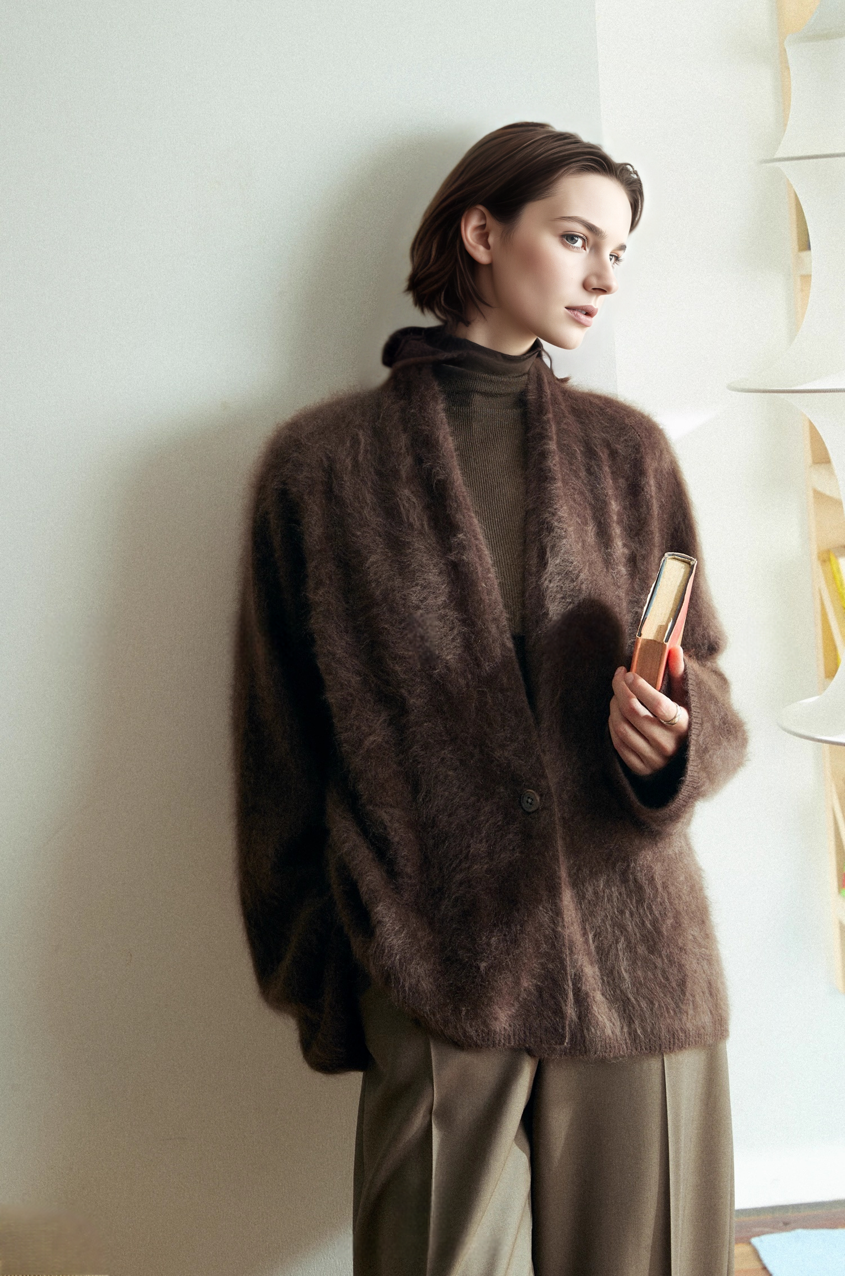 100% Cashmere Brushed Knit Cardigan for Women | Soft Skin-Friendly Loose Fit Sweater Coat