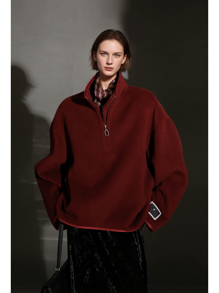 Oversized Camel Hair Sweatshirt Coat for Women – Stand Collar Double-Faced Wool Jacket with Minimalist Luxe Style