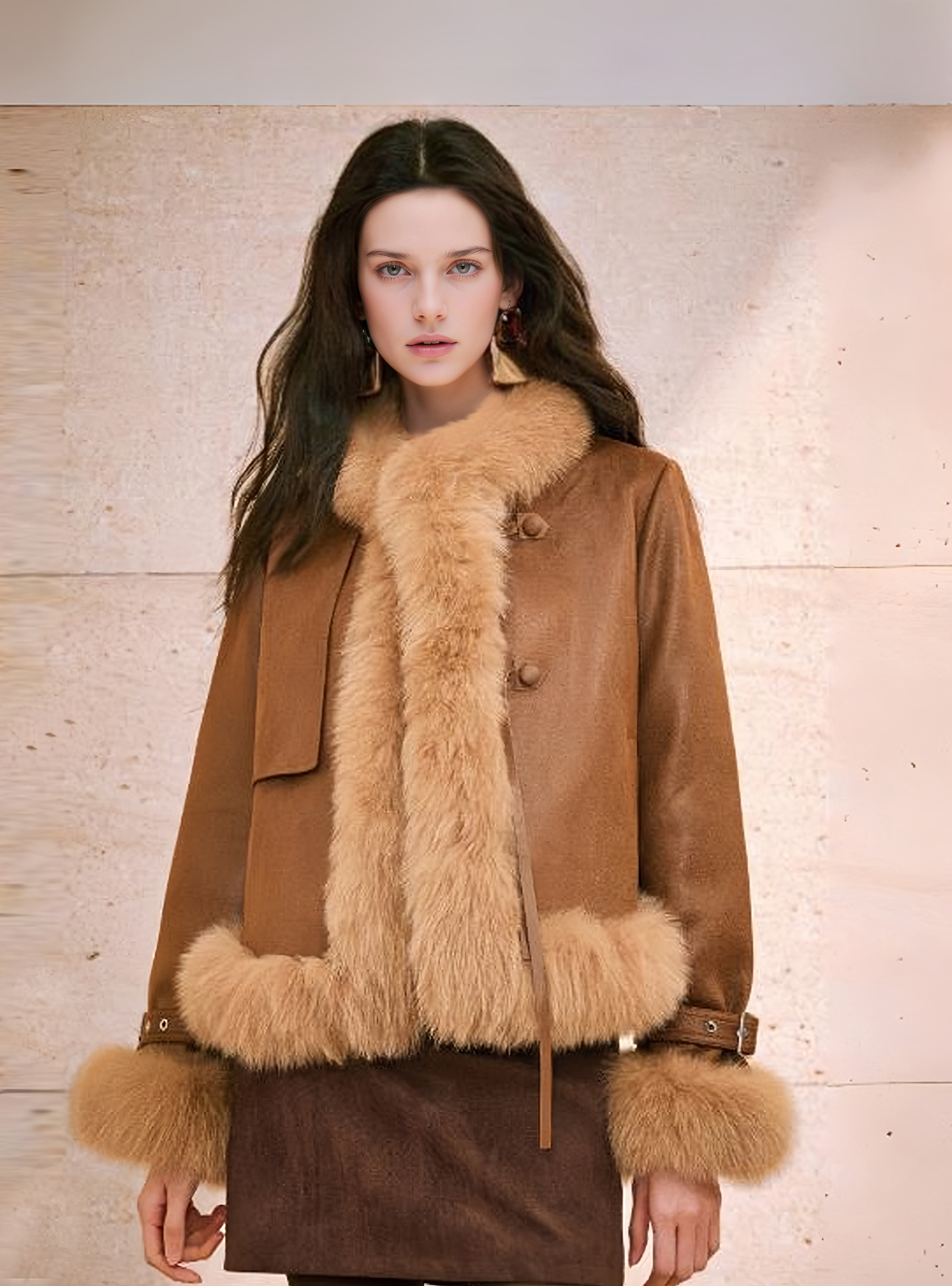 Lightweight Stretch Suede Jacket for Women – 90% White Goose Down with Natural Fox Fur Trim